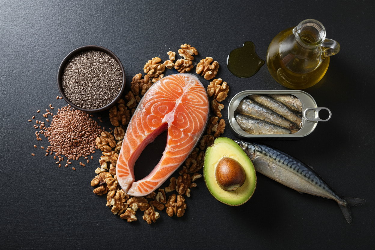 Lebensmittel mit vielen Omega Fettsäuren auf schwarzem Hintergrund